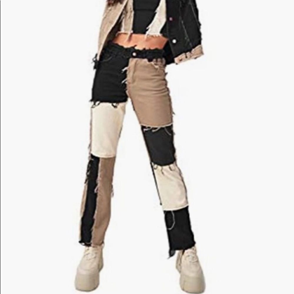 Fashion Sexy Lounge Patchwork Jeans Black/Tan/White w/Selvedge Hems size XL